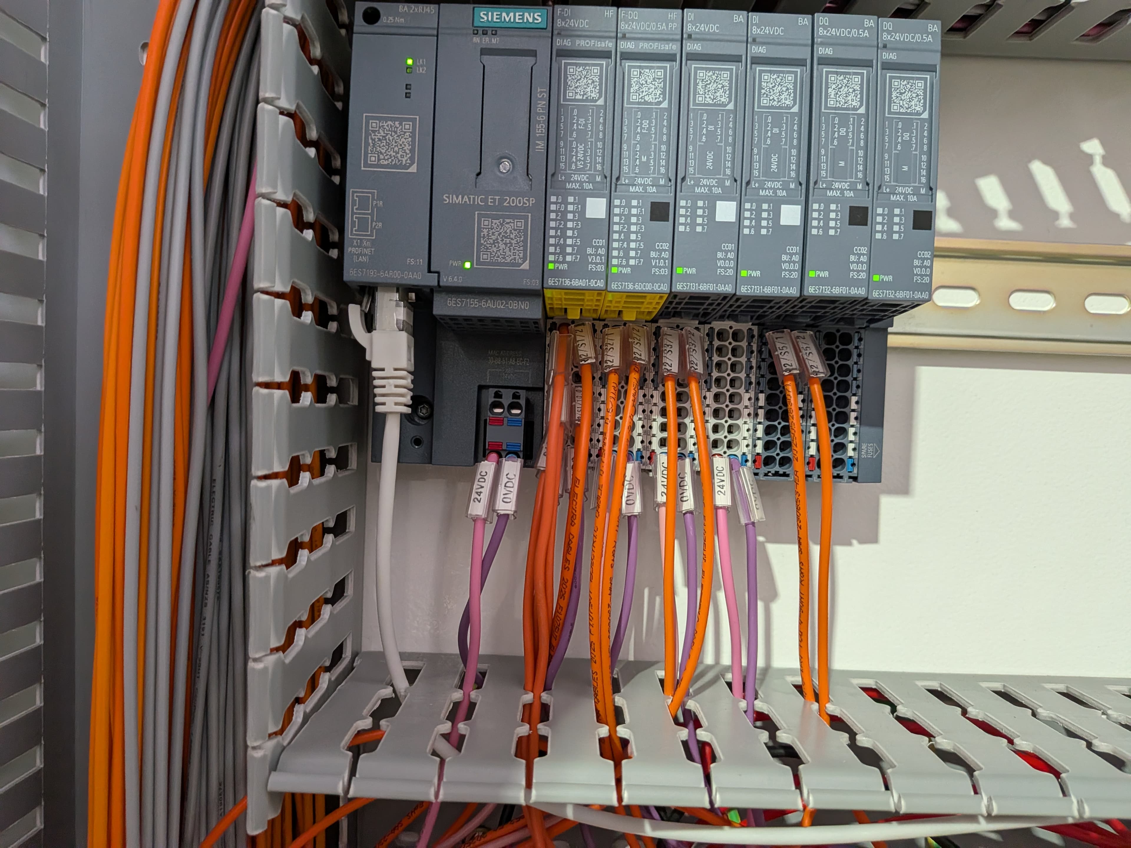 A PLC with I/O modules wired in a control panel