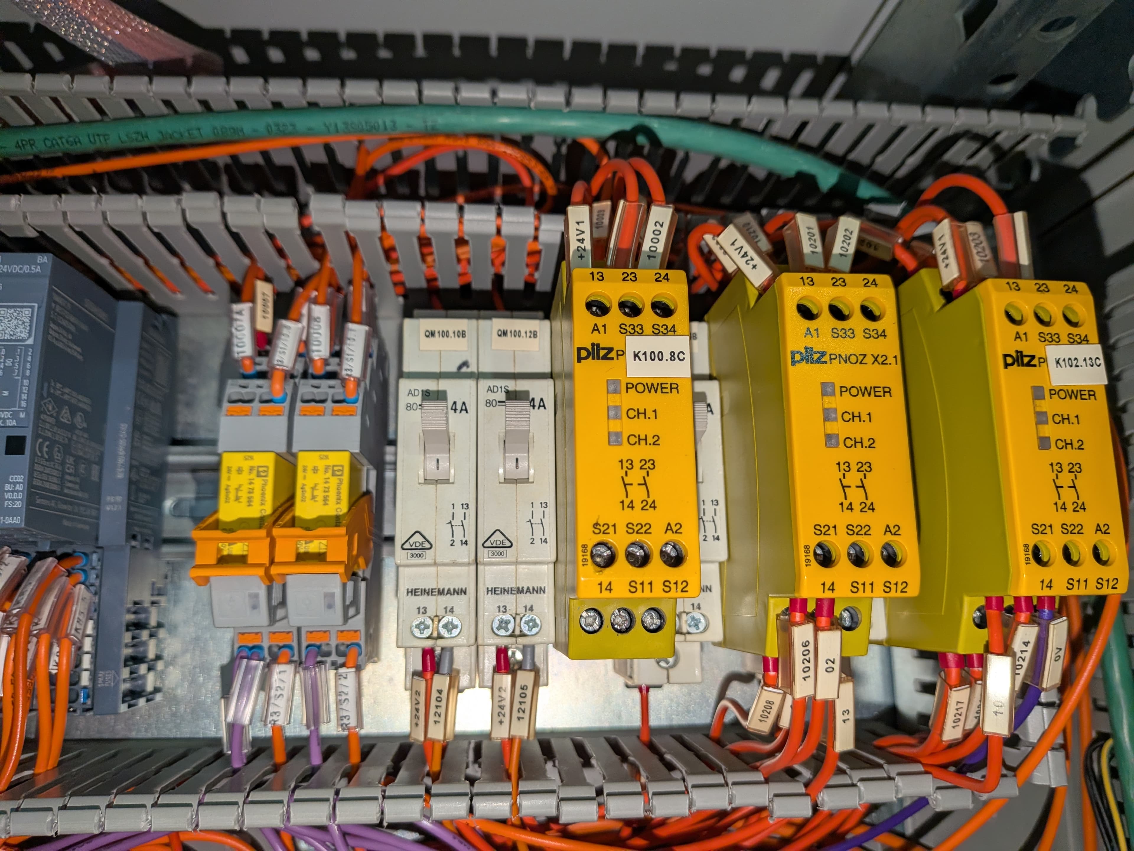 Pilz safety relays and contactors wired in a machine safety panel